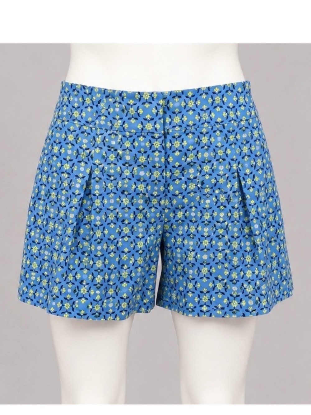 Blue Floral High-Waist Pleated Shorts